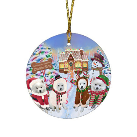 Holiday Gingerbread Cookie Shop American Eskimos Dog Round Flat Christmas Ornament RFPOR56450