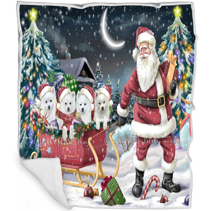 Merry Christmas Happy Holiday Santa Sled American Eskimo Dogs Blanket D276