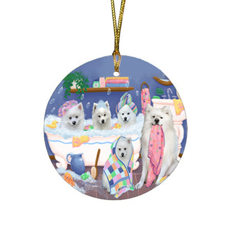 Rub A Dub Dogs In A Tub American Eskimos Dog Round Flat Christmas Ornament RFPOR57108