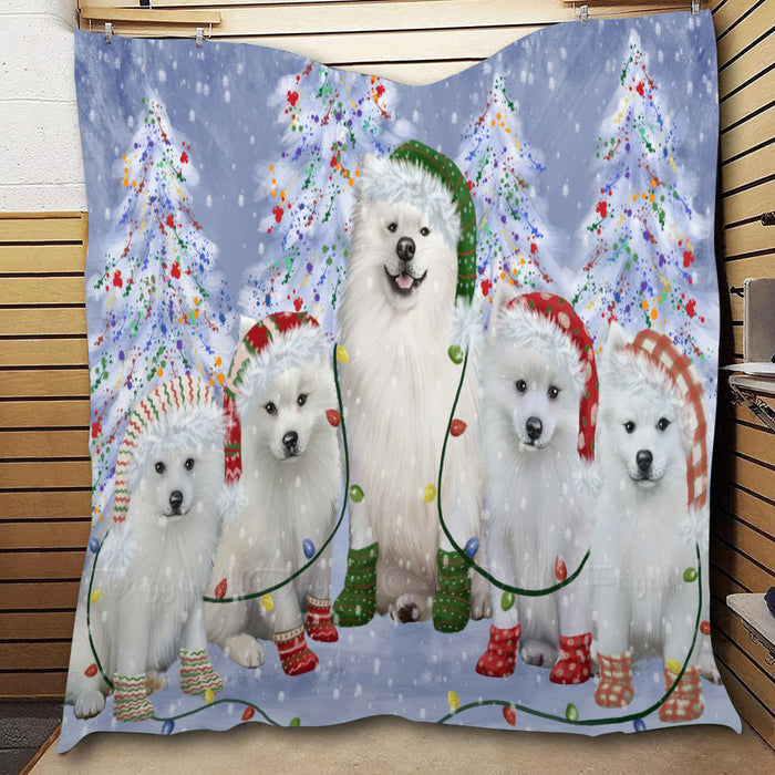 Christmas Lights and American Eskimo Dogs  Quilt Bed Coverlet Bedspread - Pets Comforter Unique One-side Animal Printing - Soft Lightweight Durable Washable Polyester Quilt