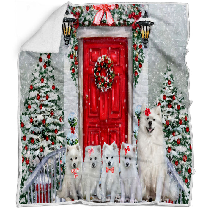 Christmas Holiday Welcome American Eskimo Dogs Blanket - Lightweight Soft Cozy and Durable Bed Blanket - Animal Theme Fuzzy Blanket for Sofa Couch