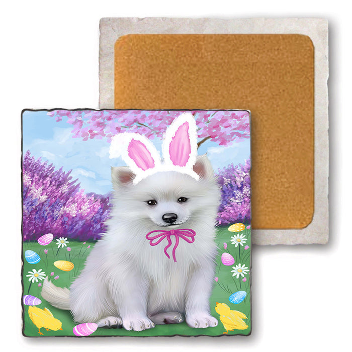 Easter Holiday American Eskimo Dog Set of 4 Natural Stone Marble Tile Coasters MCST49231