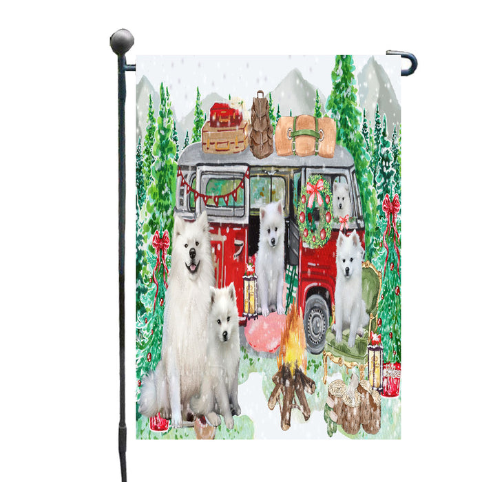 Christmas Time Camping with American Eskimo Dogs Garden Flags- Outdoor Double Sided Garden Yard Porch Lawn Spring Decorative Vertical Home Flags 12 1/2"w x 18"h