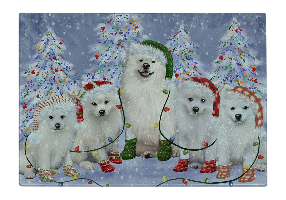 Christmas Lights and American Eskimo Dogs Cutting Board - For Kitchen - Scratch & Stain Resistant - Designed To Stay In Place - Easy To Clean By Hand - Perfect for Chopping Meats, Vegetables