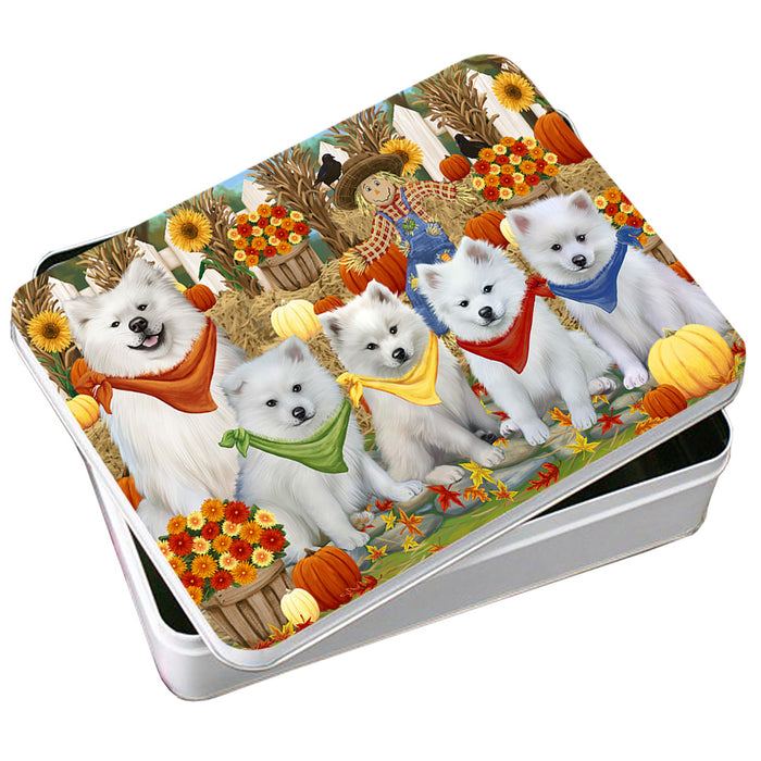 Fall Festive Gathering American Eskimos Dog with Pumpkins Photo Storage Tin PITN50616