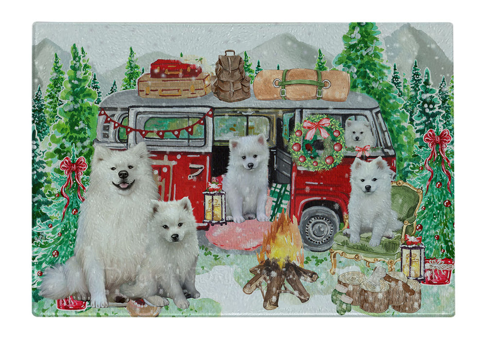 Christmas Time Camping with American Eskimo Dogs Cutting Board - For Kitchen - Scratch & Stain Resistant - Designed To Stay In Place - Easy To Clean By Hand - Perfect for Chopping Meats, Vegetables