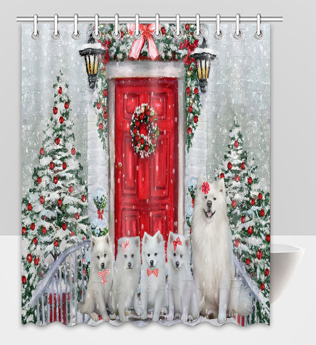 Christmas Holiday Welcome American Eskimo Dogs Shower Curtain Pet Painting Bathtub Curtain Waterproof Polyester One-Side Printing Decor Bath Tub Curtain for Bathroom with Hooks