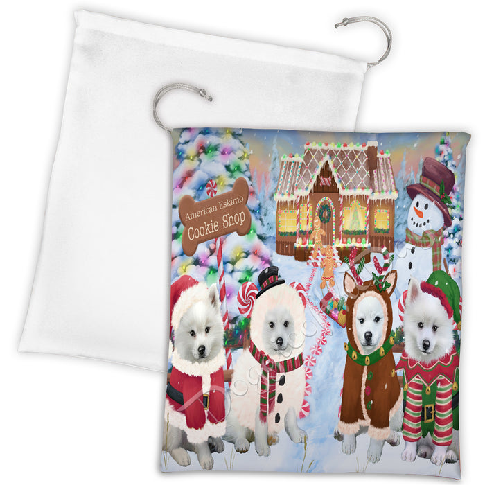 Holiday Gingerbread Cookie American Eskimo Dogs Shop Drawstring Laundry or Gift Bag LGB48559