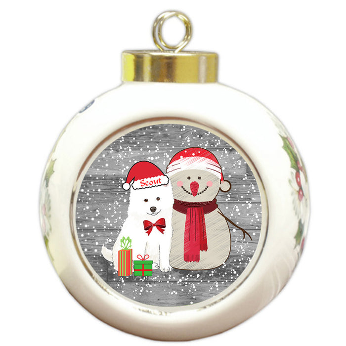 Custom Personalized Snowy Snowman and American Eskimo Dog Christmas Round Ball Ornament