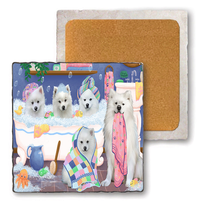 Rub A Dub Dogs In A Tub American Eskimos Dog Set of 4 Natural Stone Marble Tile Coasters MCST51752