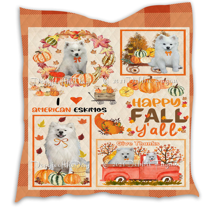 Happy Fall Y'all Pumpkin American Eskimo Dogs Quilt Bed Coverlet Bedspread - Pets Comforter Unique One-side Animal Printing - Soft Lightweight Durable Washable Polyester Quilt