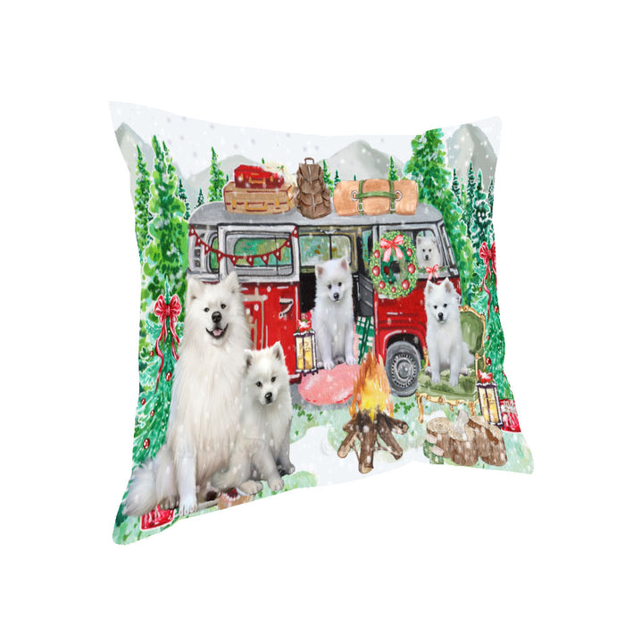 Christmas Time Camping with American Eskimo Dogs Pillow with Top Quality High-Resolution Images - Ultra Soft Pet Pillows for Sleeping - Reversible & Comfort - Ideal Gift for Dog Lover - Cushion for Sofa Couch Bed - 100% Polyester
