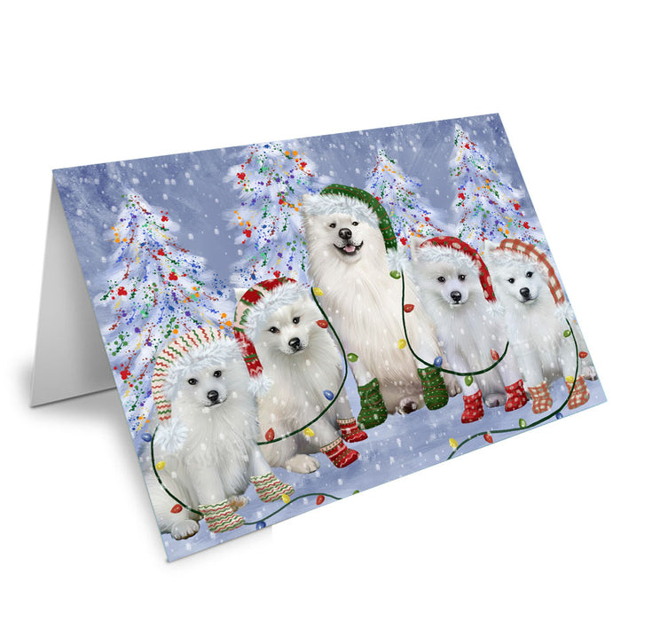 Christmas Lights and American Eskimo Dogs Handmade Artwork Assorted Pets Greeting Cards and Note Cards with Envelopes for All Occasions and Holiday Seasons
