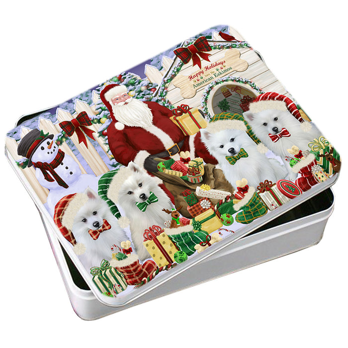 Happy Holidays Christmas American Eskimos Dog House Gathering Photo Storage Tin PITN51271