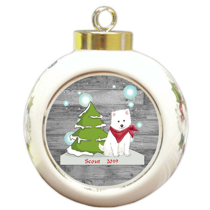 Custom Personalized Winter Scenic Tree and Presents American Eskimo Dog Christmas Round Ball Ornament