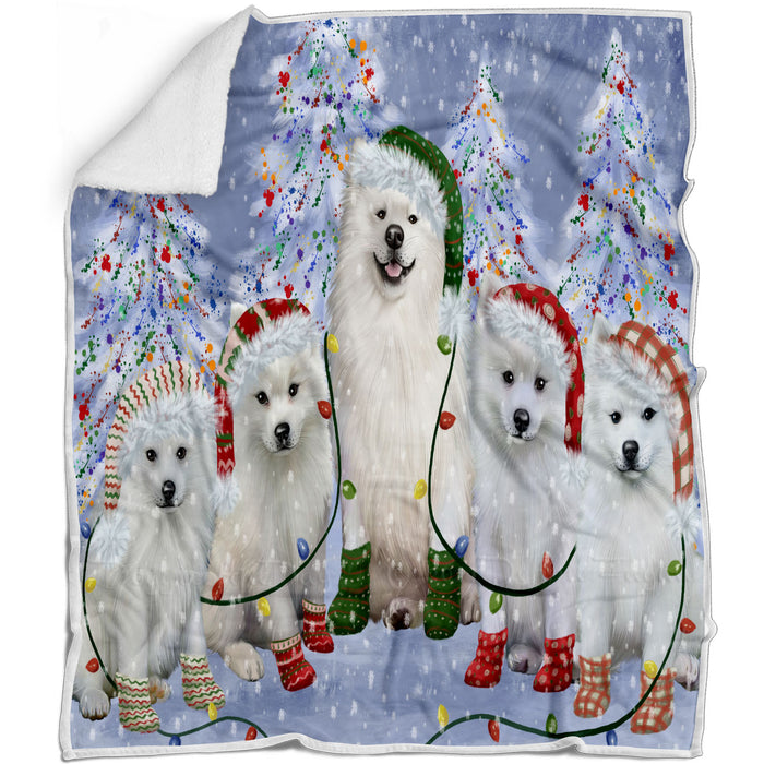 Christmas Lights and American Eskimo Dogs Blanket - Lightweight Soft Cozy and Durable Bed Blanket - Animal Theme Fuzzy Blanket for Sofa Couch