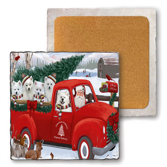Christmas Santa Express Delivery American Eskimos Dog Family Set of 4 Natural Stone Marble Tile Coasters MCST49999
