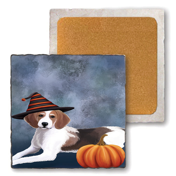 Happy Halloween American Foxhound Dog Wearing Witch Hat with Pumpkin Set of 4 Natural Stone Marble Tile Coasters MCST49917