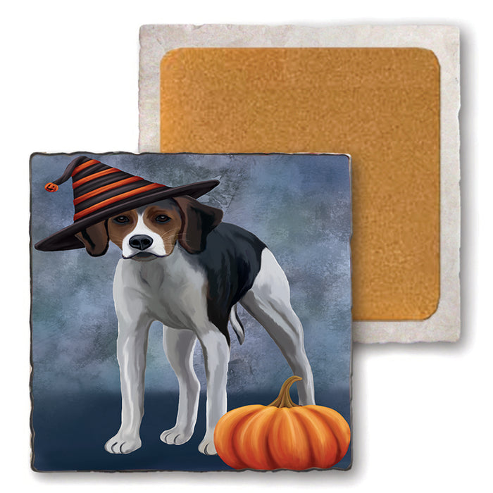 Happy Halloween American Foxhound Dog Wearing Witch Hat with Pumpkin Set of 4 Natural Stone Marble Tile Coasters MCST49918