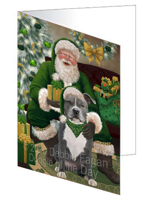 Christmas Irish Santa with Gift and American Staffordshire Dog Handmade Artwork Assorted Pets Greeting Cards and Note Cards with Envelopes for All Occasions and Holiday Seasons GCD75761
