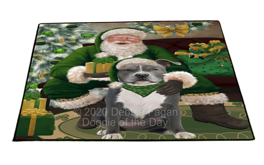 Christmas Irish Santa with Gift and American Staffordshire Dog Indoor/Outdoor Welcome Floormat - Premium Quality Washable Anti-Slip Doormat Rug FLMS57064