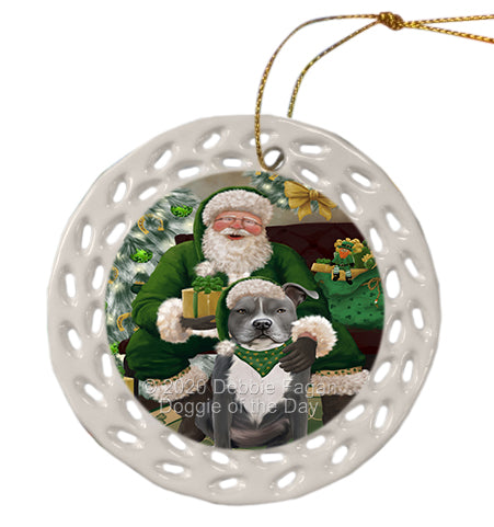 Christmas Irish Santa with Gift and American Staffordshire Dog Doily Ornament DPOR59459