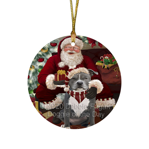 Santa's Christmas Surprise American Staffordshire Dog Round Flat Christmas Ornament RFPOR57995