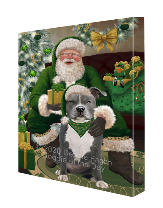 Christmas Irish Santa with Gift and American Staffordshire Dog Canvas Print Wall Art Décor CVS147419