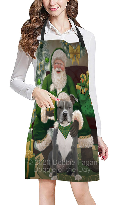 Christmas Irish Santa with Gift and American Staffordshire Dog Apron Apron-48273