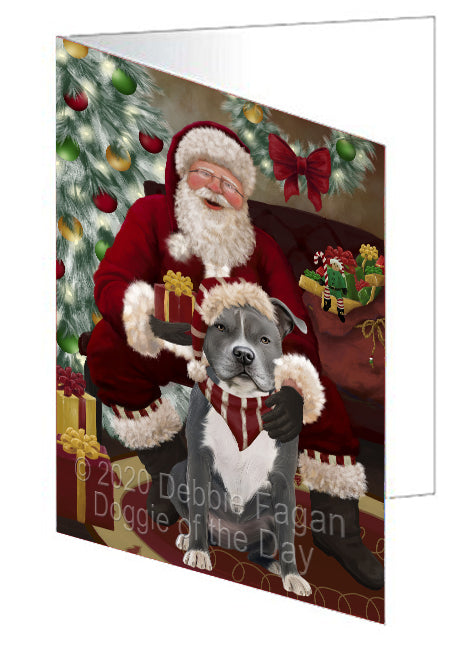 Santa's Christmas Surprise American Staffordshire Dog Handmade Artwork Assorted Pets Greeting Cards and Note Cards with Envelopes for All Occasions and Holiday Seasons