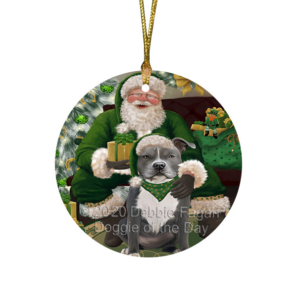 Christmas Irish Santa with Gift and American Staffordshire Dog Round Flat Christmas Ornament RFPOR57897