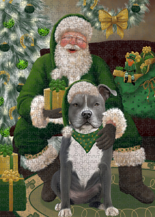 Christmas Irish Santa with Gift and American Staffordshire Dog Puzzle with Photo Tin PUZL100288