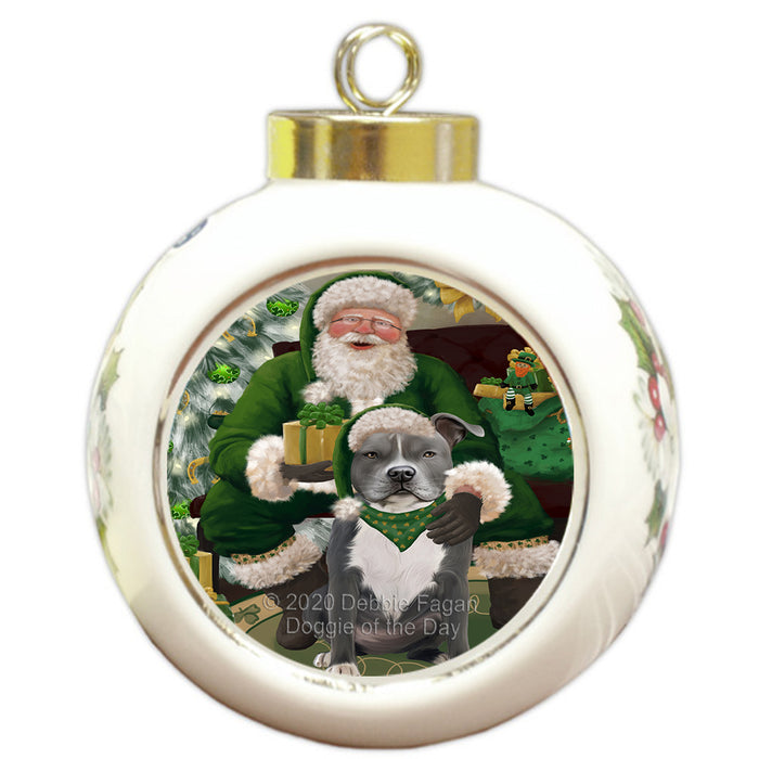 Christmas Irish Santa with Gift and American Staffordshire Dog Round Ball Christmas Ornament RBPOR57897