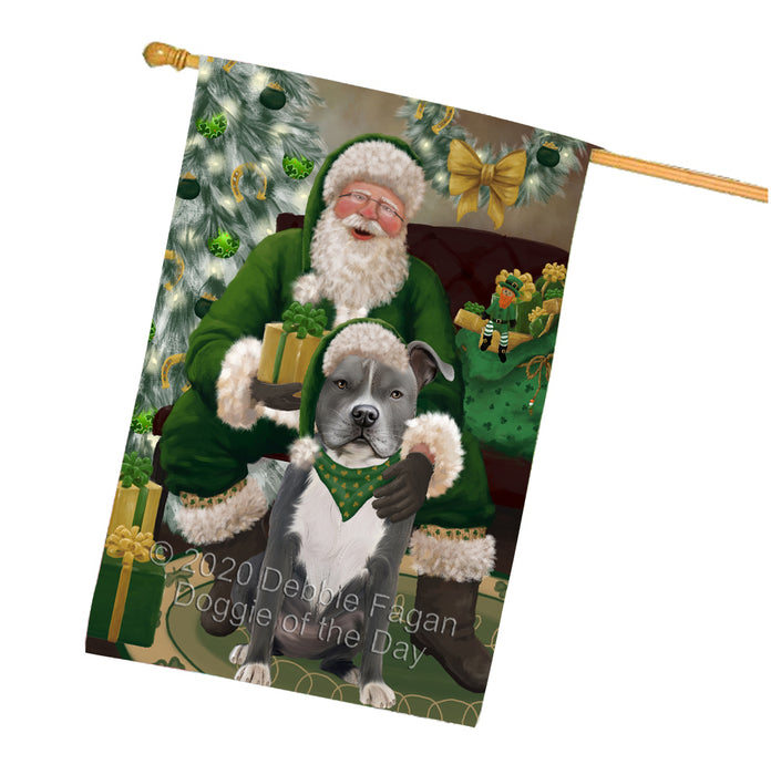 Christmas Irish Santa with Gift and American Staffordshire Dog House Flag FLG66669