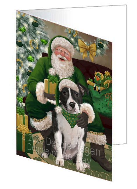 Christmas Irish Santa with Gift and American Staffordshire Dog Handmade Artwork Assorted Pets Greeting Cards and Note Cards with Envelopes for All Occasions and Holiday Seasons GCD75764