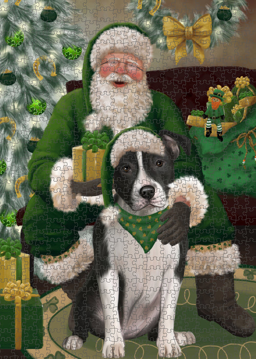 Christmas Irish Santa with Gift and American Staffordshire Dog Puzzle with Photo Tin PUZL100292