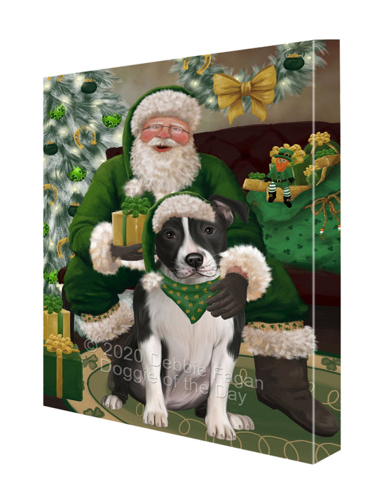 Christmas Irish Santa with Gift and American Staffordshire Dog Canvas Print Wall Art Décor CVS147428
