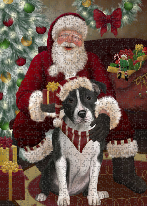 Santa's Christmas Surprise American Staffordshire Dog Puzzle with Photo Tin PUZL100684