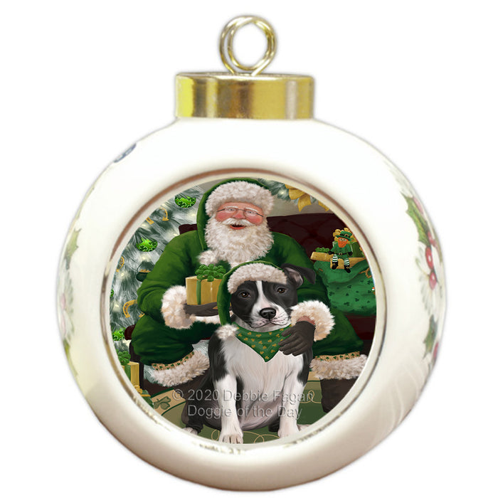 Christmas Irish Santa with Gift and American Staffordshire Dog Round Ball Christmas Ornament RBPOR57898