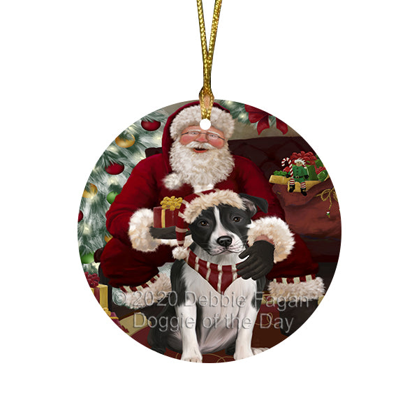 Santa's Christmas Surprise American Staffordshire Dog Round Flat Christmas Ornament RFPOR57996