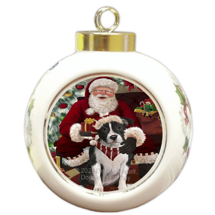 Santa's Christmas Surprise American Staffordshire Dog Round Ball Christmas Ornament RBPOR57996
