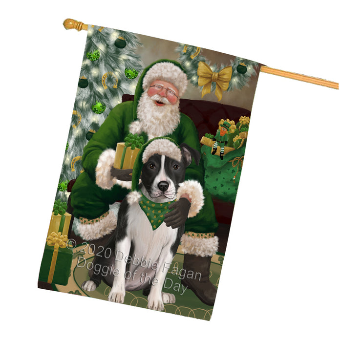 Christmas Irish Santa with Gift and American Staffordshire Dog House Flag FLG66670