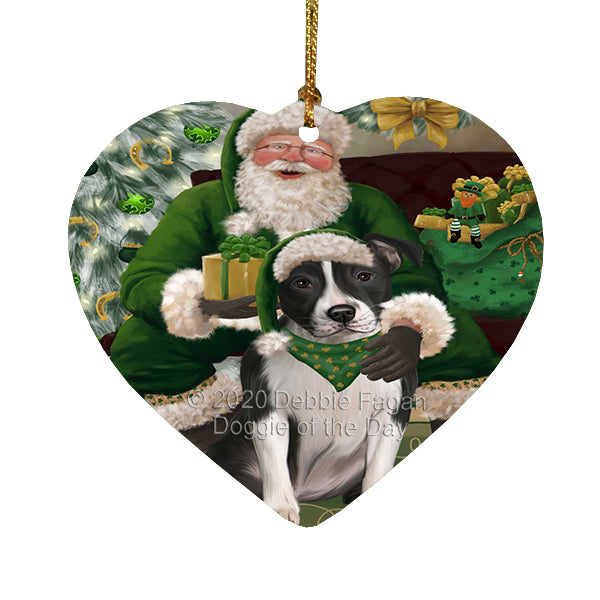Christmas Irish Santa with Gift and American Staffordshire Dog Heart Christmas Ornament RFPOR58239