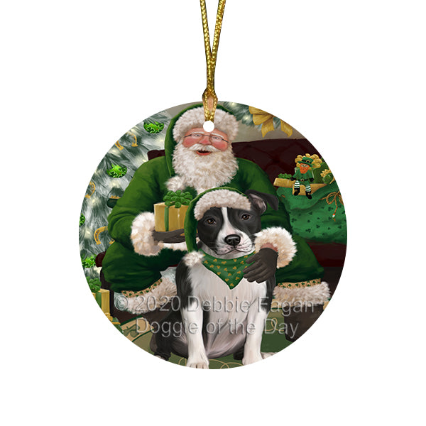 Christmas Irish Santa with Gift and American Staffordshire Dog Round Flat Christmas Ornament RFPOR57898