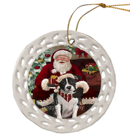 Santa's Christmas Surprise American Staffordshire Dog Doily Ornament DPOR59558