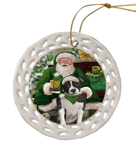 Christmas Irish Santa with Gift and American Staffordshire Dog Doily Ornament DPOR59460