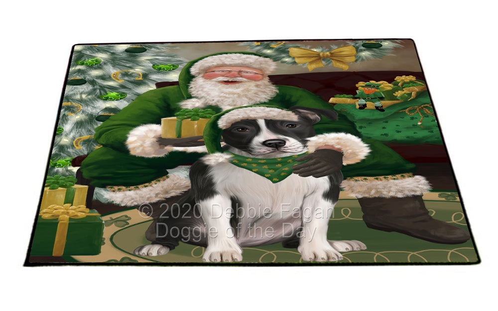 Christmas Irish Santa with Gift and American Staffordshire Dog Indoor/Outdoor Welcome Floormat - Premium Quality Washable Anti-Slip Doormat Rug FLMS57067