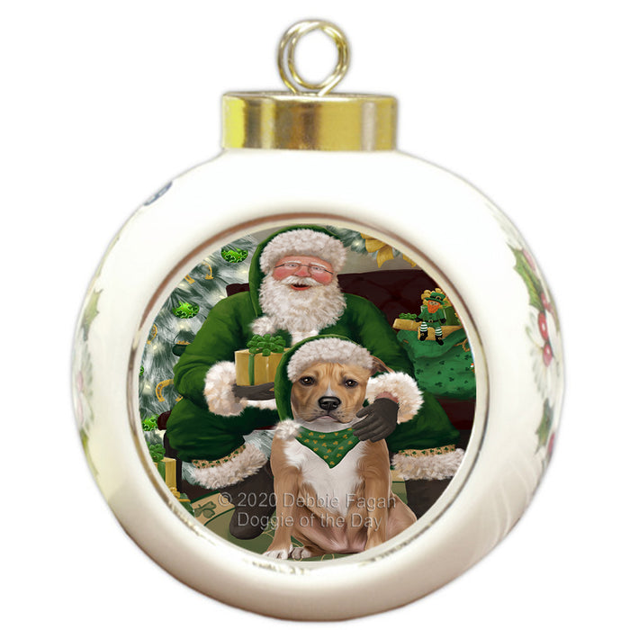 Christmas Irish Santa with Gift and American Staffordshire Dog Round Ball Christmas Ornament RBPOR57899