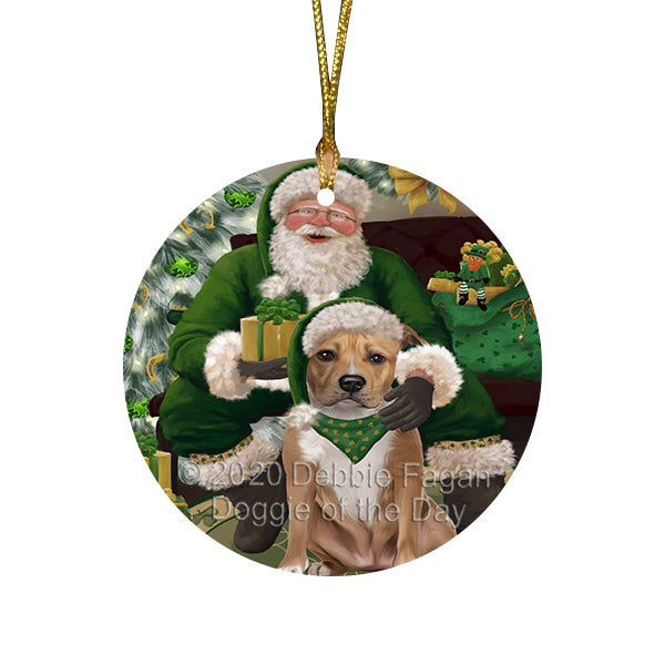 Christmas Irish Santa with Gift and American Staffordshire Dog Round Flat Christmas Ornament RFPOR57899