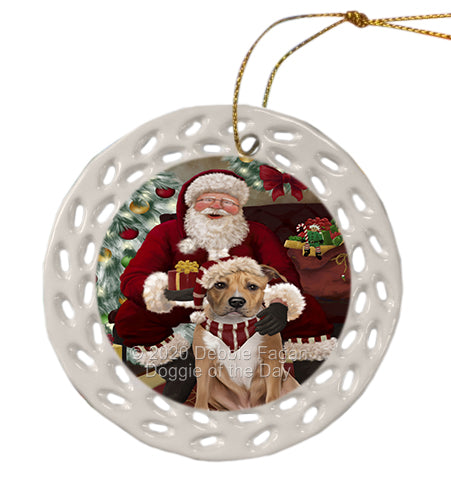 Santa's Christmas Surprise American Staffordshire Dog Doily Ornament DPOR59559